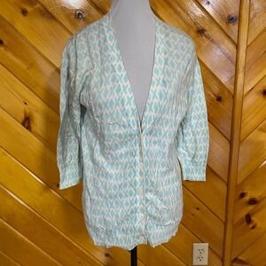 Gap Women's M Cardigan Sweater Light Blue Geometric 3/4 Sleeve Button Front M